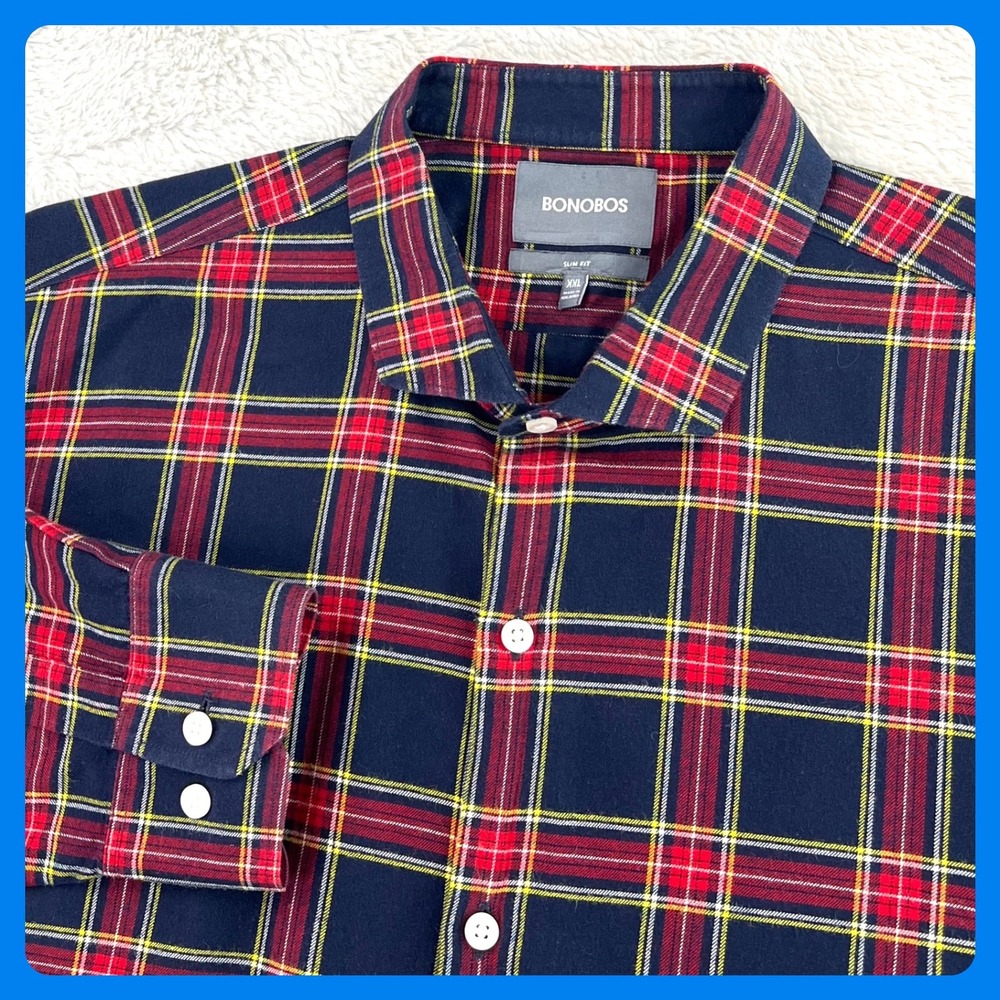 BONOBOS Flannel Shirt Men's XXL SLIM FIT Red Blue‎ Long Sleeve Button Up Casual